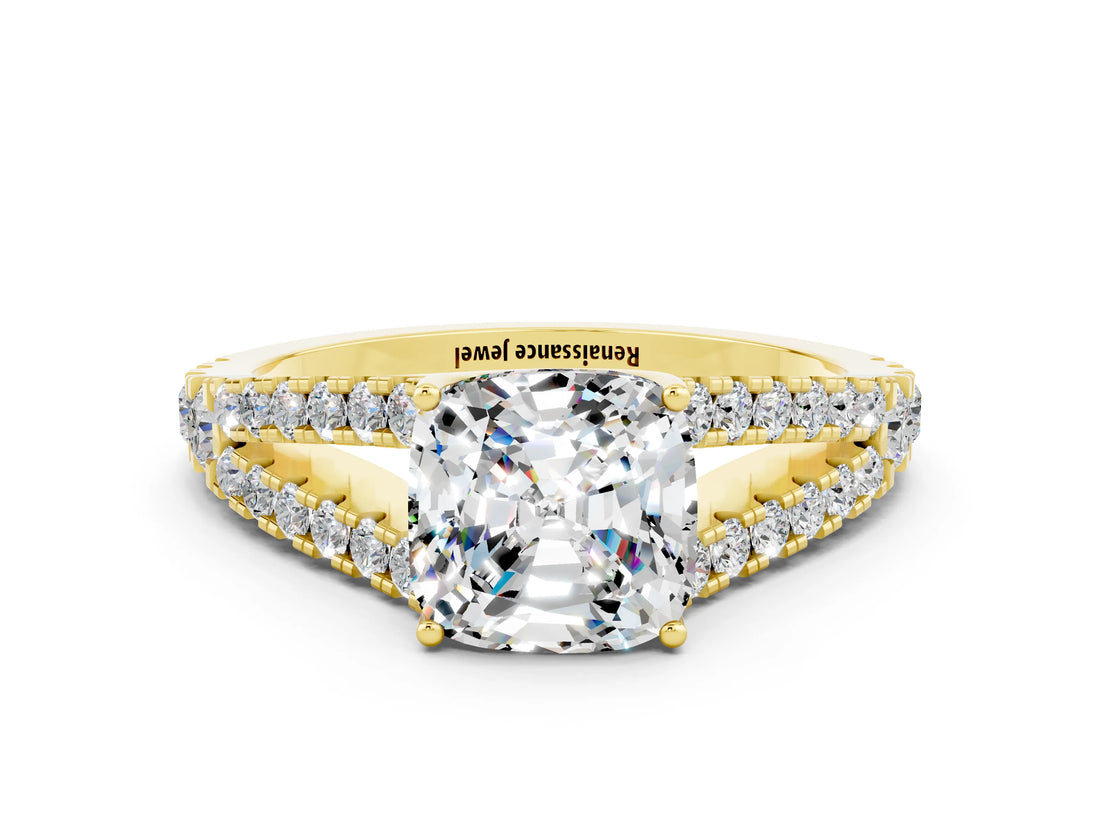 Yellow gold Cushion Cut Cut Split Shank Pave Diamond Engagement Ring with Four-Prong Setting