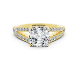 Yellow gold Cushion Cut Cut Split Shank Pave Diamond Engagement Ring with Four-Prong Setting