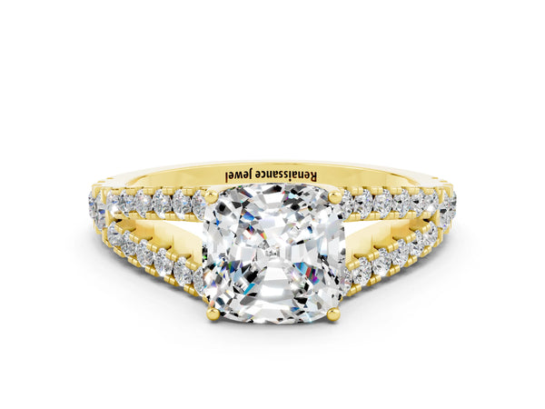 Yellow gold Cushion Cut Moissanite Split Shank Engagement Ring with Round Pavé and Prong Setting