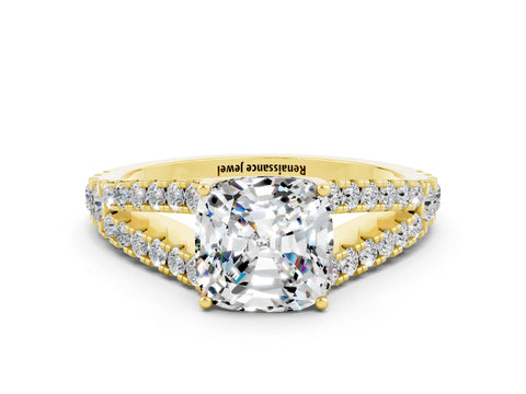 Yellow gold Cushion Cut Cut Split Shank Pave Diamond Engagement Ring with Four-Prong Setting