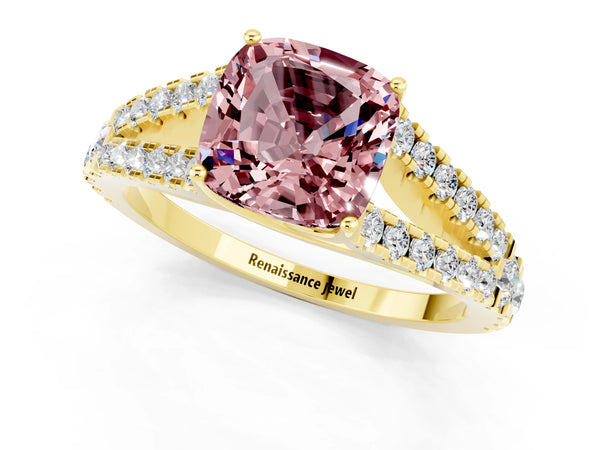 Yellow gold Cushion Cut Cut Split Shank Pave Diamond Engagement Ring with Four-Prong Setting