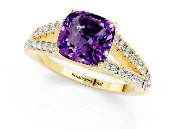 Yellow gold Cushion Cut Amethyst Split Shank Engagement Ring with Round Pavé and Prong Setting