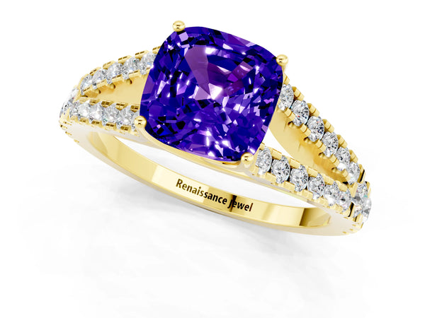 Yellow gold Cushion Cut Tanzanite Split Shank Engagement Ring with Round Pavé and Prong Setting