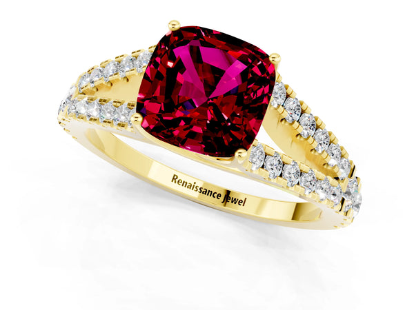 Yellow gold Cushion Cut Garnet Split Shank Engagement Ring with Round Pavé and Prong Setting