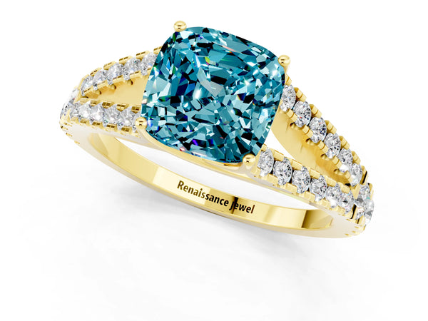 Yellow gold Cushion Cut Cut Split Shank Pave Diamond Engagement Ring with Four-Prong Setting