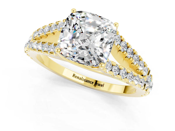 Yellow gold Cushion Cut Moissanite Split Shank Engagement Ring with Round Pavé and Prong Setting