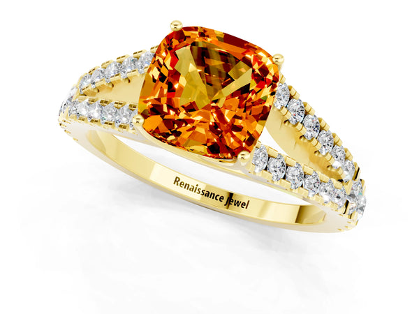 Yellow gold Cushion Cut Citrine Split Shank Engagement Ring with Round Pavé and Prong Setting