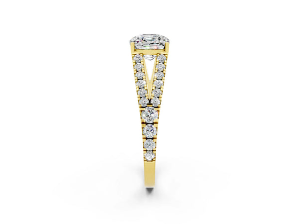 Yellow gold Cushion Cut Moissanite Split Shank Engagement Ring with Round Pavé and Prong Setting