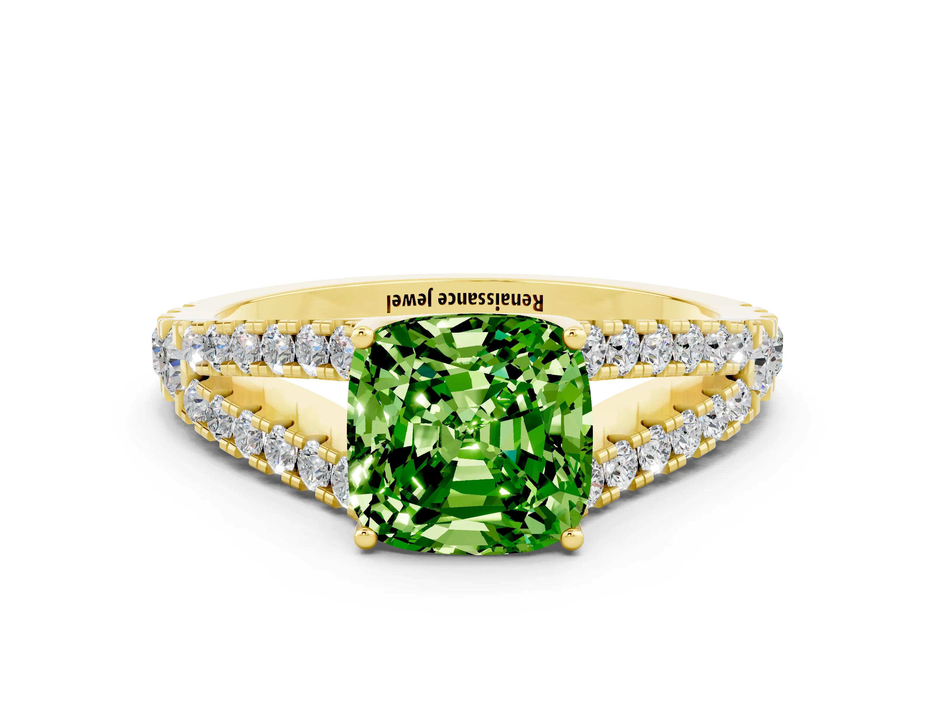 Yellow gold Cushion Cut Cut Split Shank Pave Diamond Engagement Ring with Four-Prong Setting