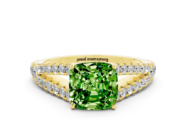Yellow gold Cushion Cut Cut Split Shank Pave Diamond Engagement Ring with Four-Prong Setting