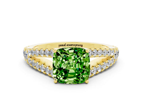Yellow gold Cushion Cut Cut Split Shank Pave Diamond Engagement Ring with Four-Prong Setting