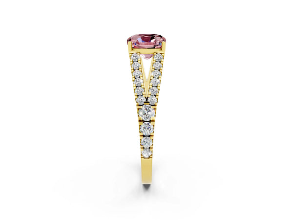 Yellow gold Cushion Cut Cut Split Shank Pave Diamond Engagement Ring with Four-Prong Setting