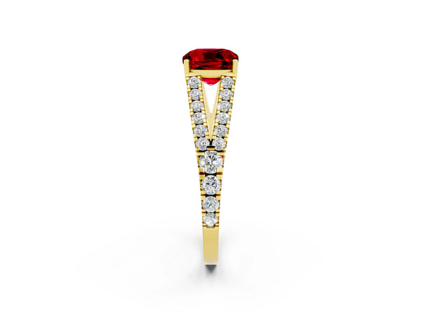 Yellow gold Cushion Cut Ruby Split Shank Engagement Ring with Round Pavé and Prong Setting