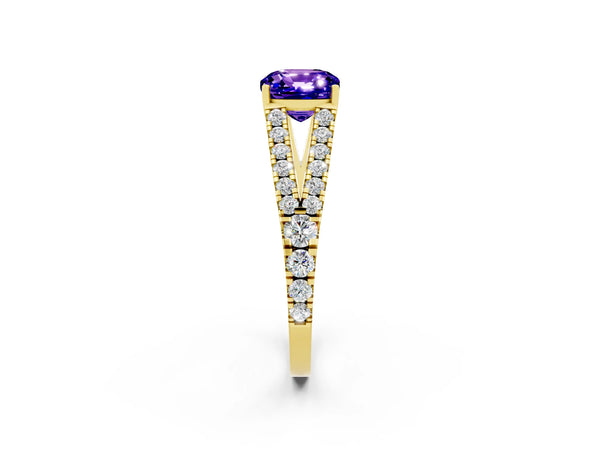 Yellow gold Cushion Cut Tanzanite Split Shank Engagement Ring with Round Pavé and Prong Setting