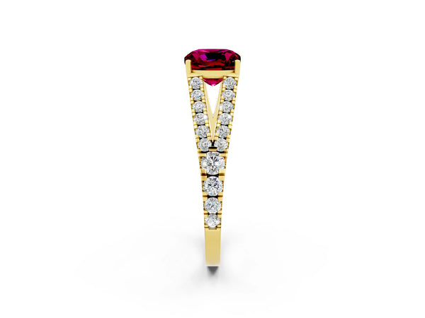 Yellow gold Cushion Cut Garnet Split Shank Engagement Ring with Round Pavé and Prong Setting