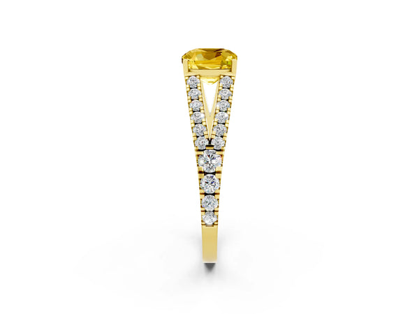 Yellow gold Cushion Cut Yellow Sapphire Split Shank Engagement Ring with Round Pavé and Prong Setting