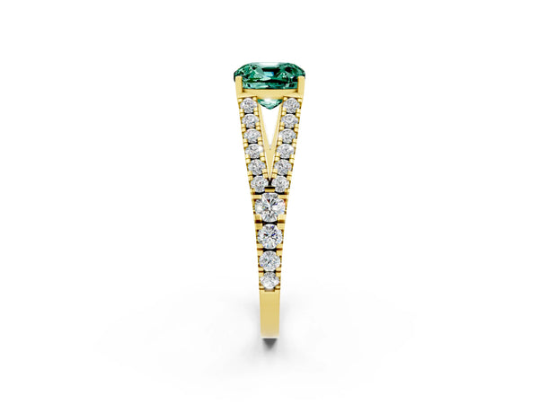 Yellow gold Cushion Cut Green Sapphire Split Shank Engagement Ring with Round Pavé and Prong Setting