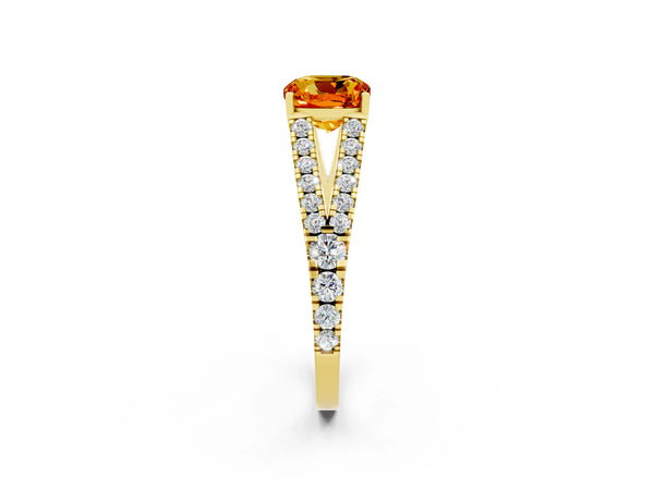 Yellow gold Cushion Cut Citrine Split Shank Engagement Ring with Round Pavé and Prong Setting