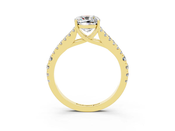 Yellow gold Cushion Cut Moissanite Split Shank Engagement Ring with Round Pavé and Prong Setting