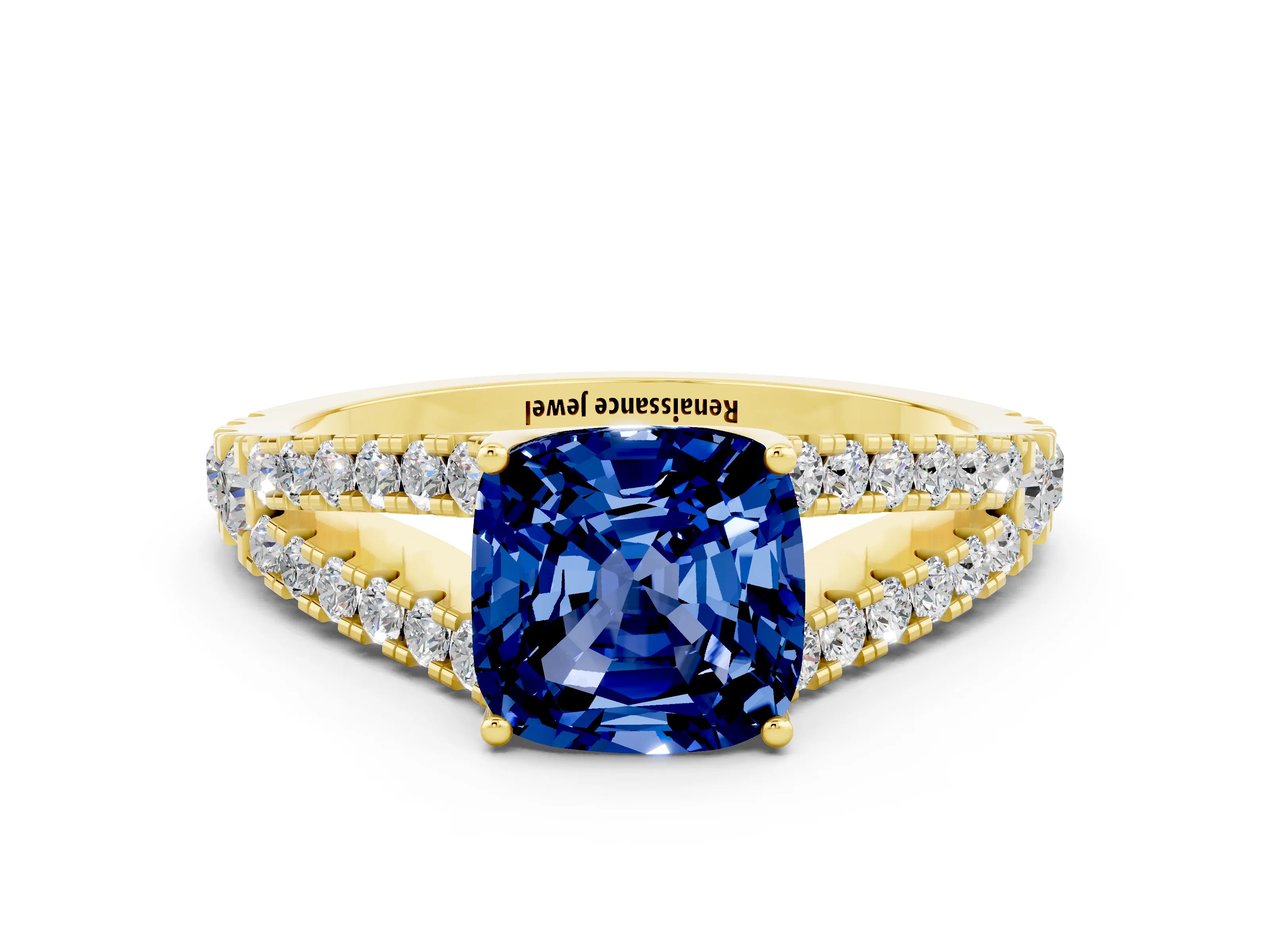 Yellow gold Cushion Cut Cut Split Shank Pave Diamond Engagement Ring with Four-Prong Setting