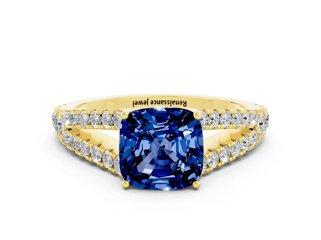 Yellow gold Cushion Cut Cut Split Shank Pave Diamond Engagement Ring with Four-Prong Setting