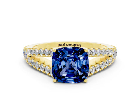 Yellow gold Cushion Cut Cut Split Shank Pave Diamond Engagement Ring with Four-Prong Setting