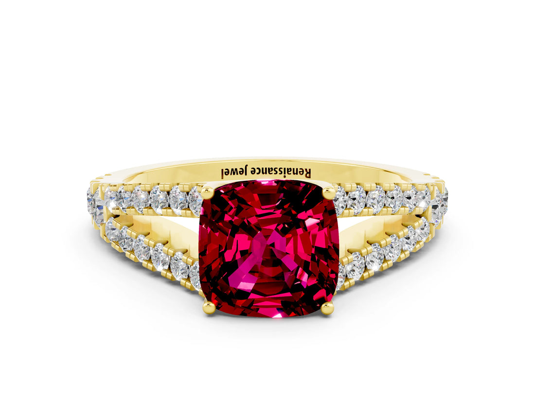 Yellow gold Cushion Cut Cut Split Shank Pave Diamond Engagement Ring with Four-Prong Setting