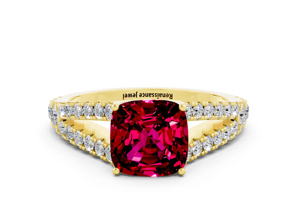 Yellow gold Cushion Cut Garnet Split Shank Engagement Ring with Round Pavé and Prong Setting
