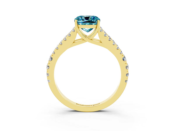 Yellow gold Cushion Cut Cut Split Shank Pave Diamond Engagement Ring with Four-Prong Setting