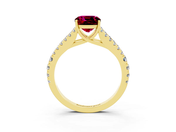 Yellow gold Cushion Cut Garnet Split Shank Engagement Ring with Round Pavé and Prong Setting