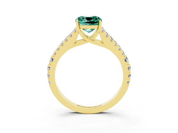 Yellow gold Cushion Cut Green Sapphire Split Shank Engagement Ring with Round Pavé and Prong Setting