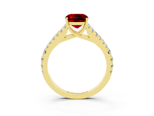 Yellow gold Cushion Cut Ruby Split Shank Engagement Ring with Round Pavé and Prong Setting