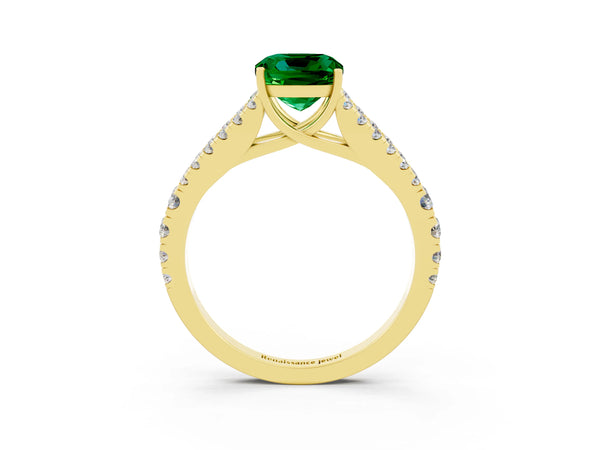Yellow gold Cushion Cut Emerald Split Shank Engagement Ring with Round Pavé and Prong Setting