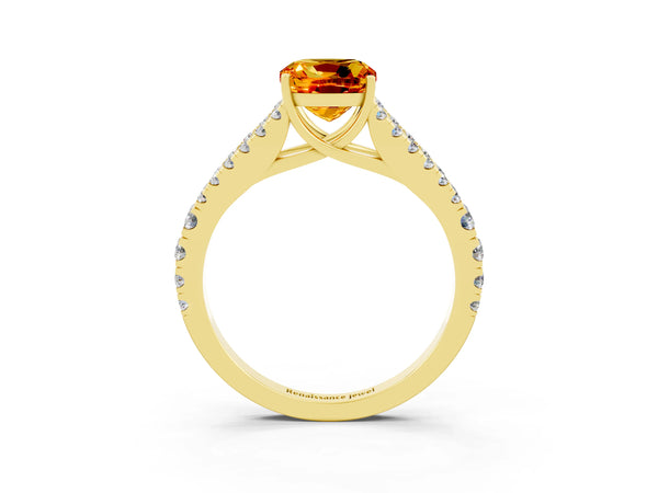 Yellow gold Cushion Cut Citrine Split Shank Engagement Ring with Round Pavé and Prong Setting