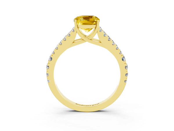 Yellow gold Cushion Cut Yellow Sapphire Split Shank Engagement Ring with Round Pavé and Prong Setting