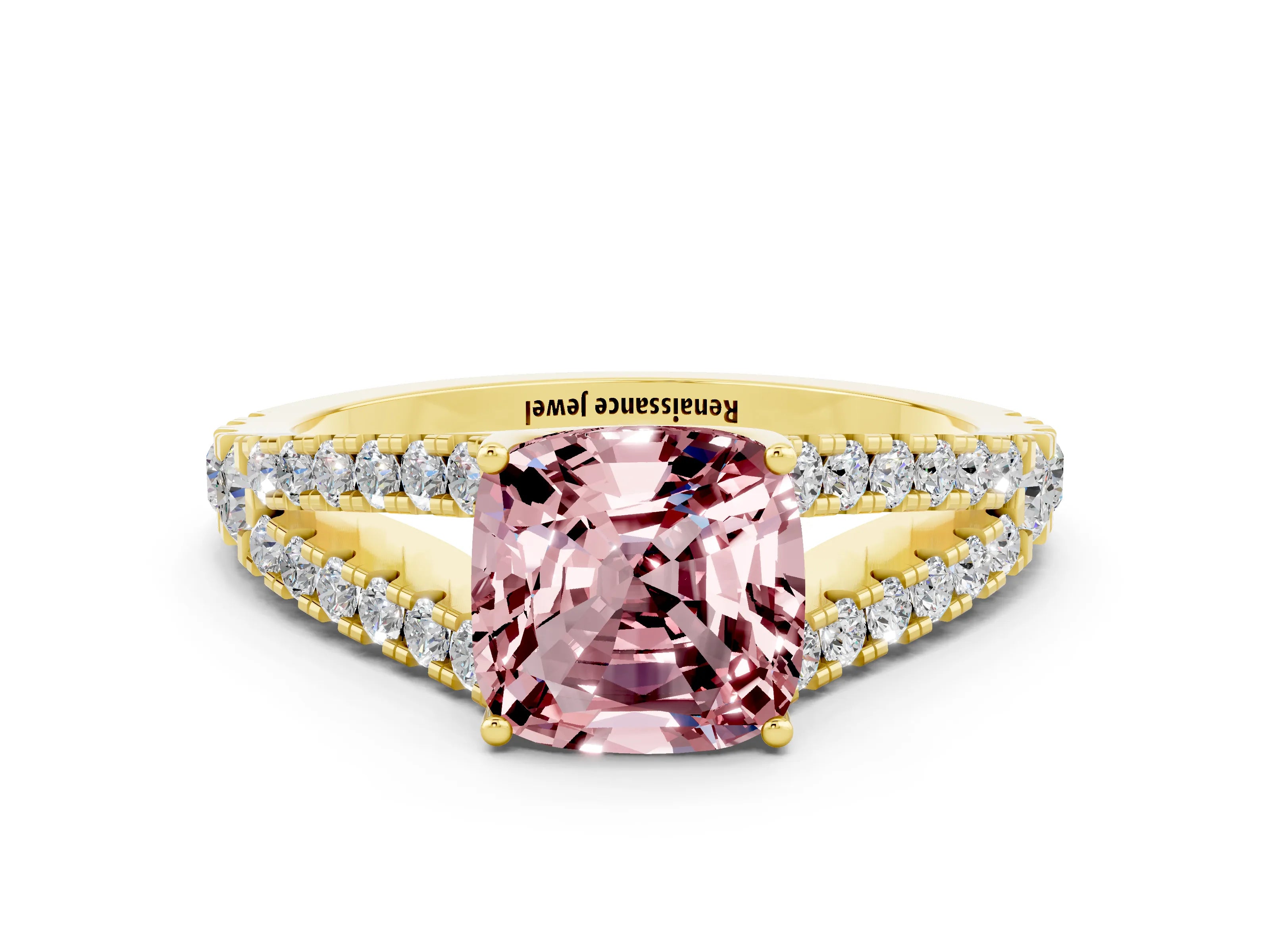 Yellow gold Cushion Cut Cut Split Shank Pave Diamond Engagement Ring with Four-Prong Setting