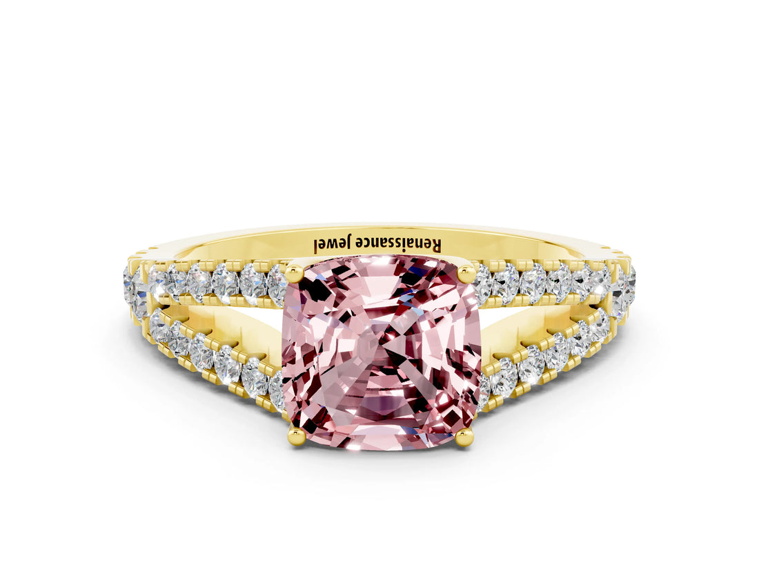 Yellow gold Cushion Cut Cut Split Shank Pave Diamond Engagement Ring with Four-Prong Setting