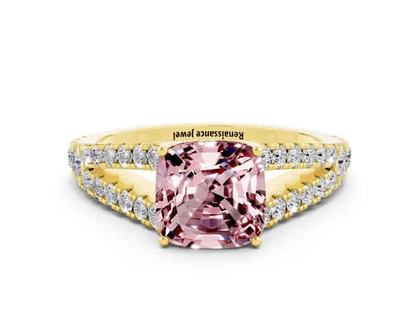 Yellow gold Cushion Cut Cut Split Shank Pave Diamond Engagement Ring with Four-Prong Setting