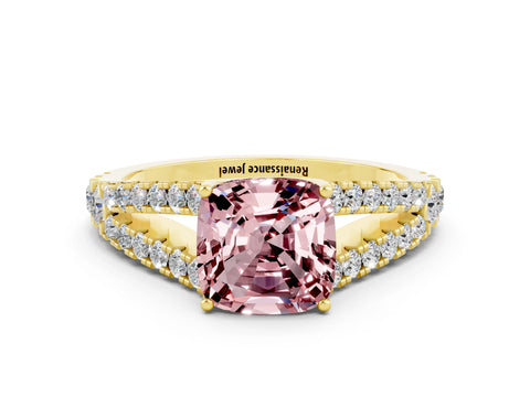 Yellow gold Cushion Cut Cut Split Shank Pave Diamond Engagement Ring with Four-Prong Setting