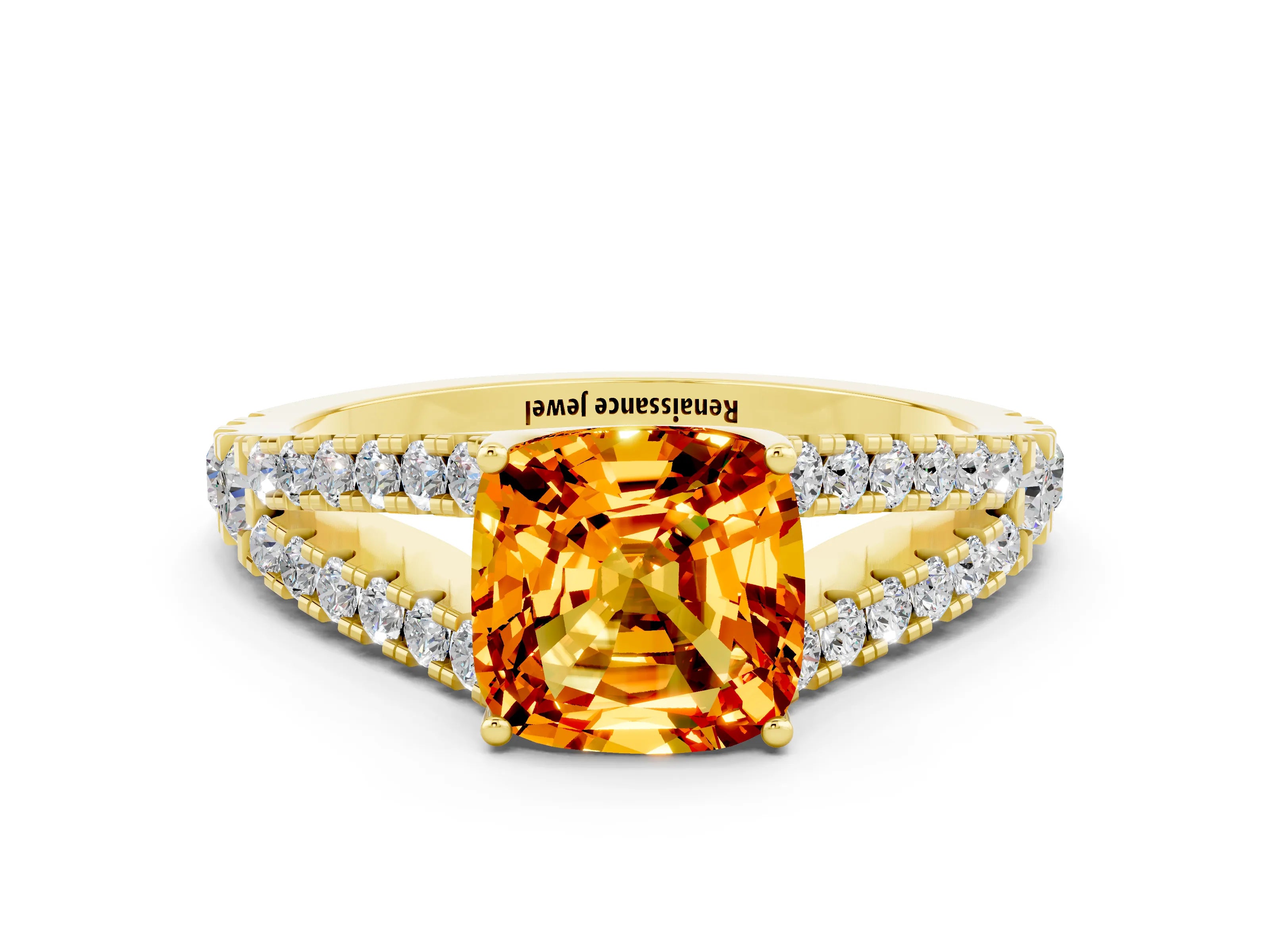 Yellow gold Cushion Cut Cut Split Shank Pave Diamond Engagement Ring with Four-Prong Setting
