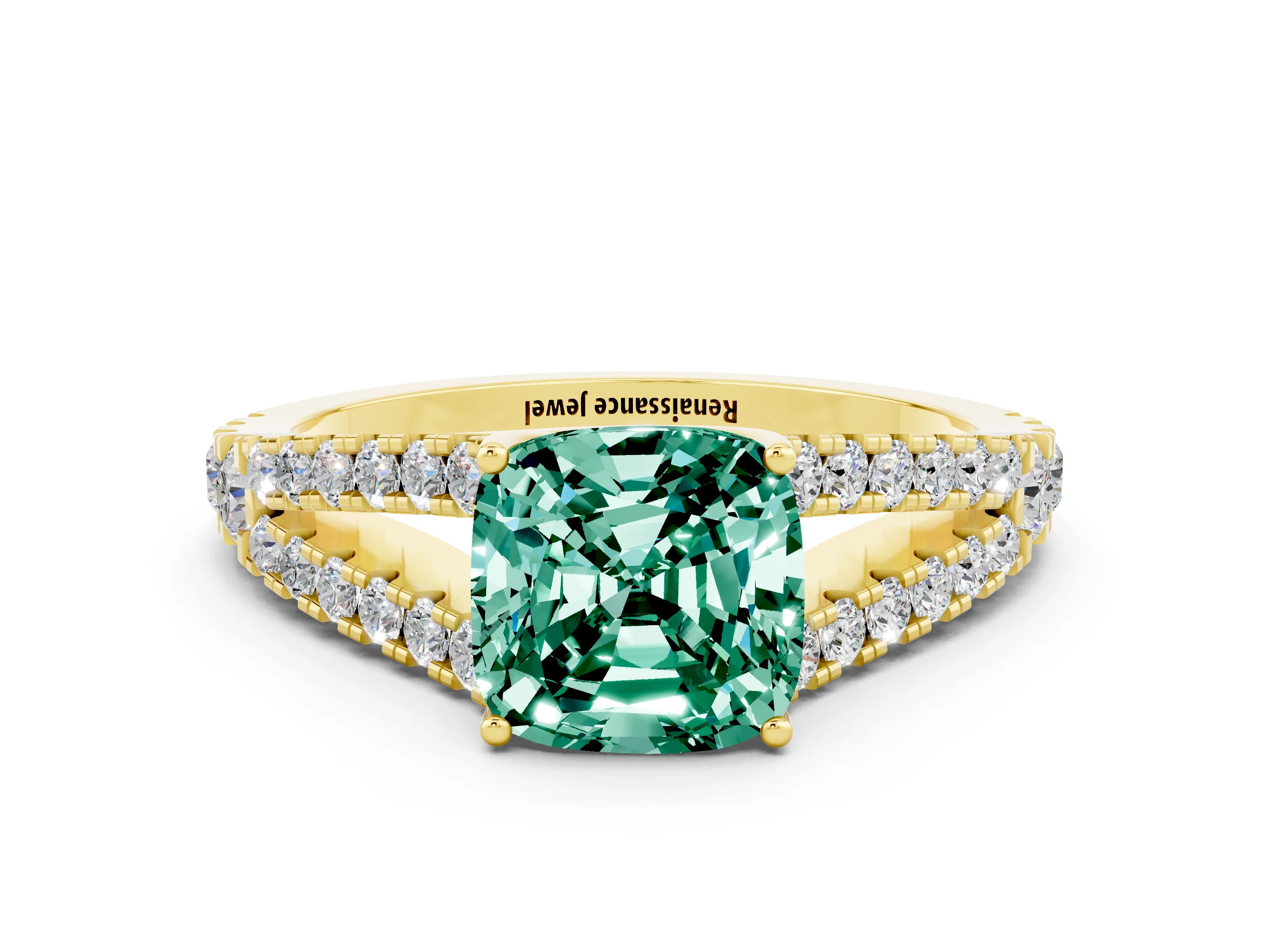 Yellow gold Cushion Cut Cut Split Shank Pave Diamond Engagement Ring with Four-Prong Setting