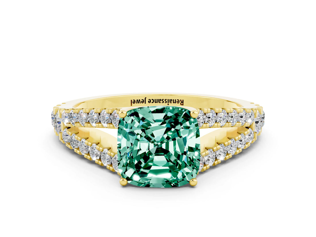 Yellow gold Cushion Cut Cut Split Shank Pave Diamond Engagement Ring with Four-Prong Setting