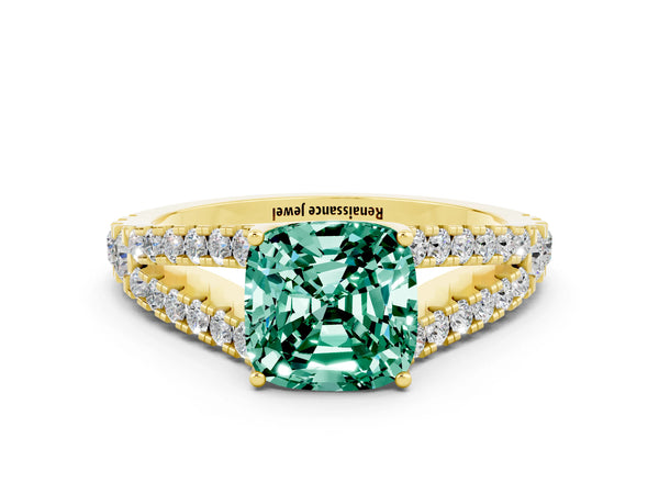 Yellow gold Cushion Cut Green Sapphire Split Shank Engagement Ring with Round Pavé and Prong Setting