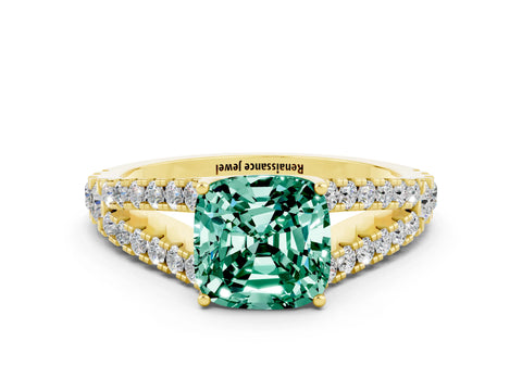 Yellow gold Cushion Cut Cut Split Shank Pave Diamond Engagement Ring with Four-Prong Setting