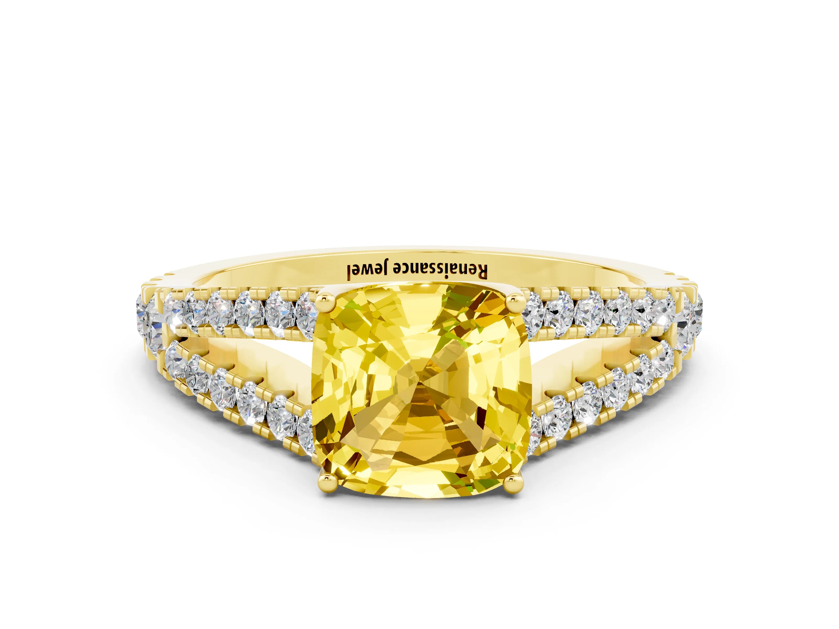 Yellow gold Cushion Cut Cut Split Shank Pave Diamond Engagement Ring with Four-Prong Setting