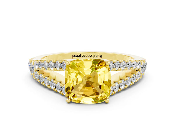 Yellow gold Cushion Cut Yellow Sapphire Split Shank Engagement Ring with Round Pavé and Prong Setting