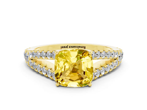 Yellow gold Cushion Cut Cut Split Shank Pave Diamond Engagement Ring with Four-Prong Setting