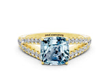 Yellow gold Cushion Cut Cut Split Shank Pave Diamond Engagement Ring with Four-Prong Setting