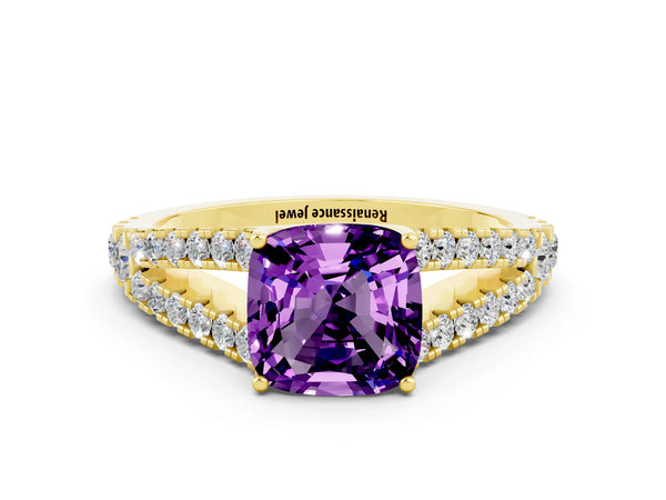 Yellow gold Cushion Cut Amethyst Split Shank Engagement Ring with Round Pavé and Prong Setting