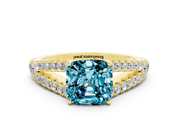 Yellow gold Cushion Cut Cut Split Shank Pave Diamond Engagement Ring with Four-Prong Setting